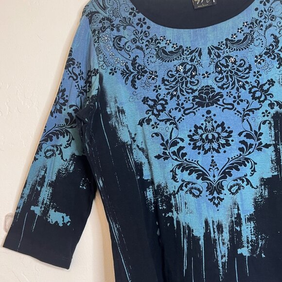 Katina Marie Womens L Blue & Black 3/4 Sleeve Sweater Elegant Damask Supima Cott - Picture 6 of 14